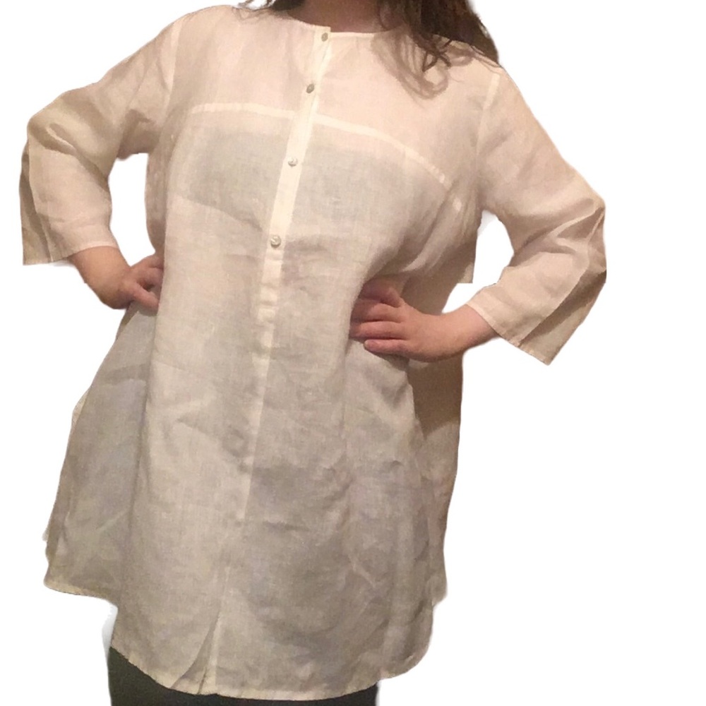 Eileen fisher small organic linen oversized white button down long sleeve shirt